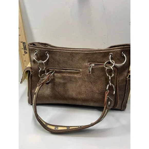 Women's Brown Boho Elephant Handbag Studded Tote Brown Faux Leather - Picture 2 of 5